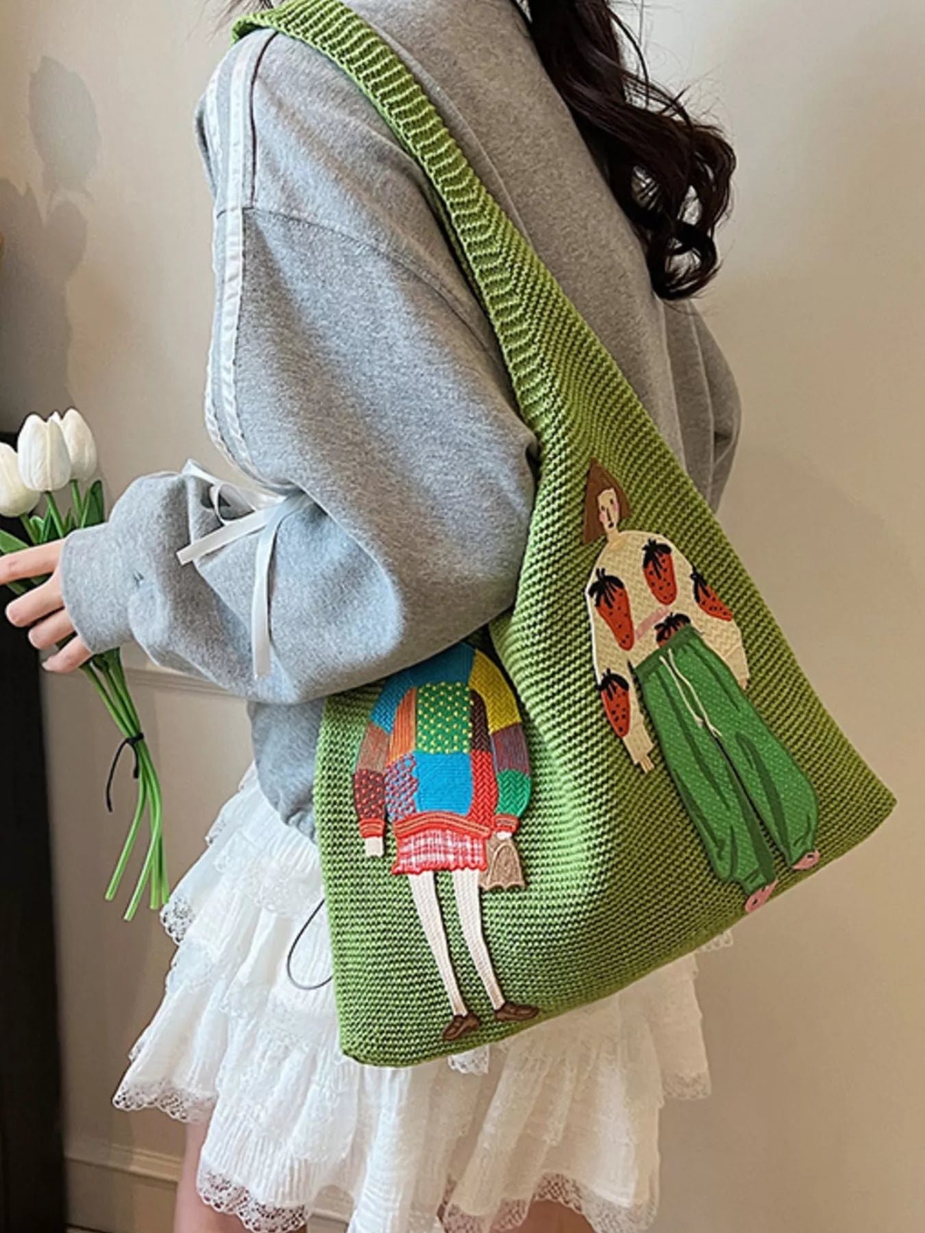 Knitted Embroidered Shoulder Bag 