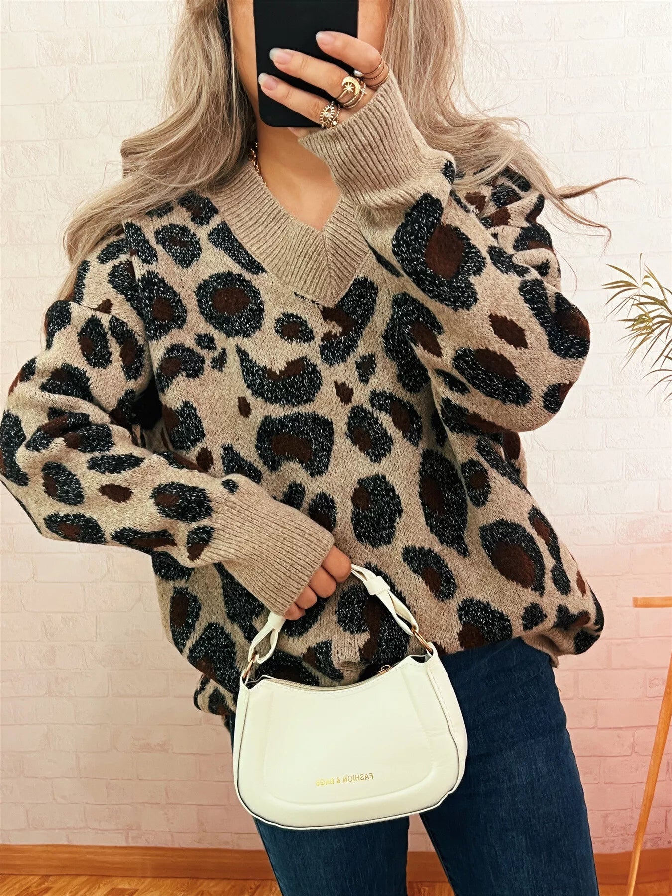 Leopard V-Neck Drop Shoulder Sweater 