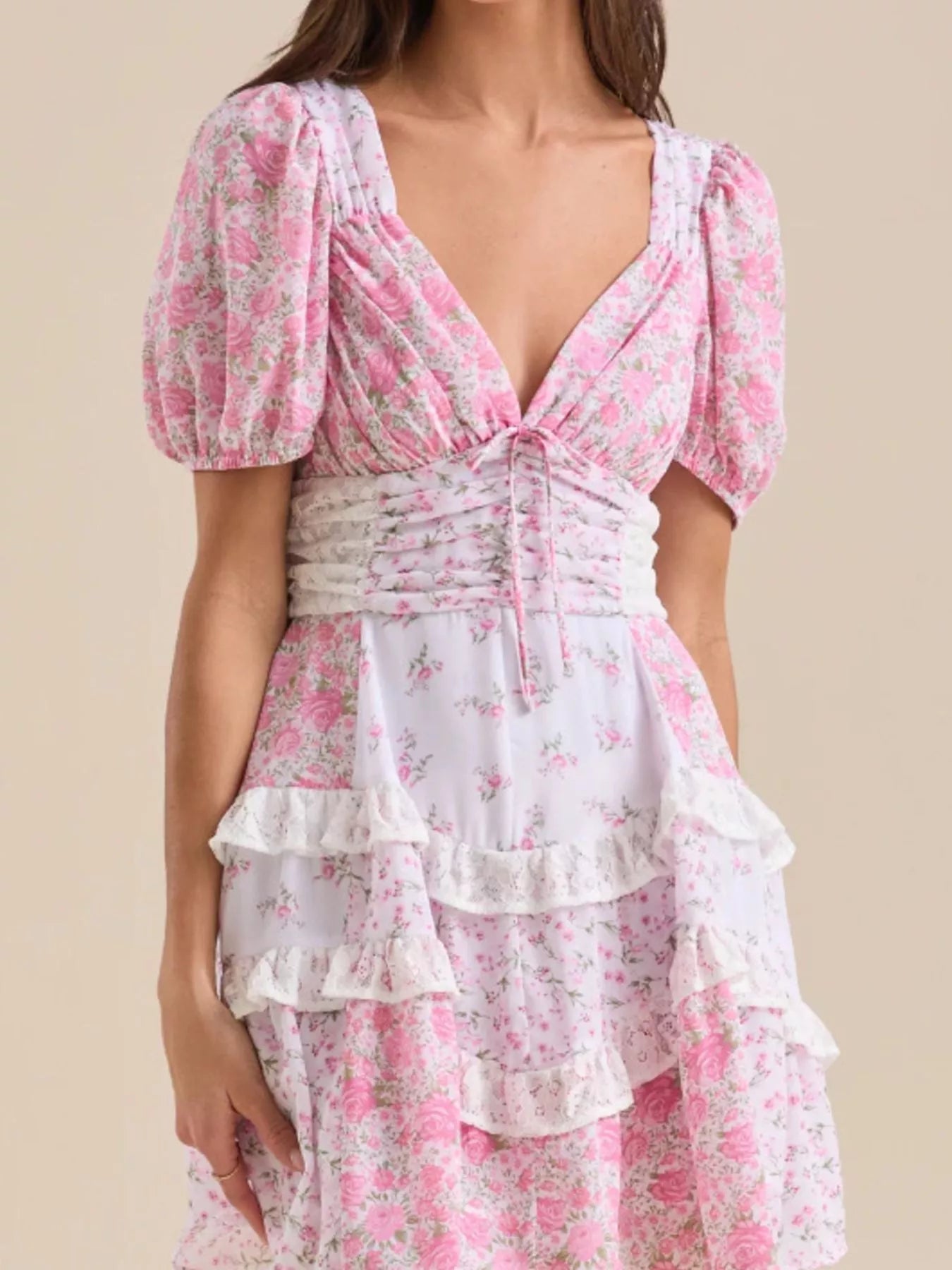 Floral Puff Sleeve Tiered Mini Dress 