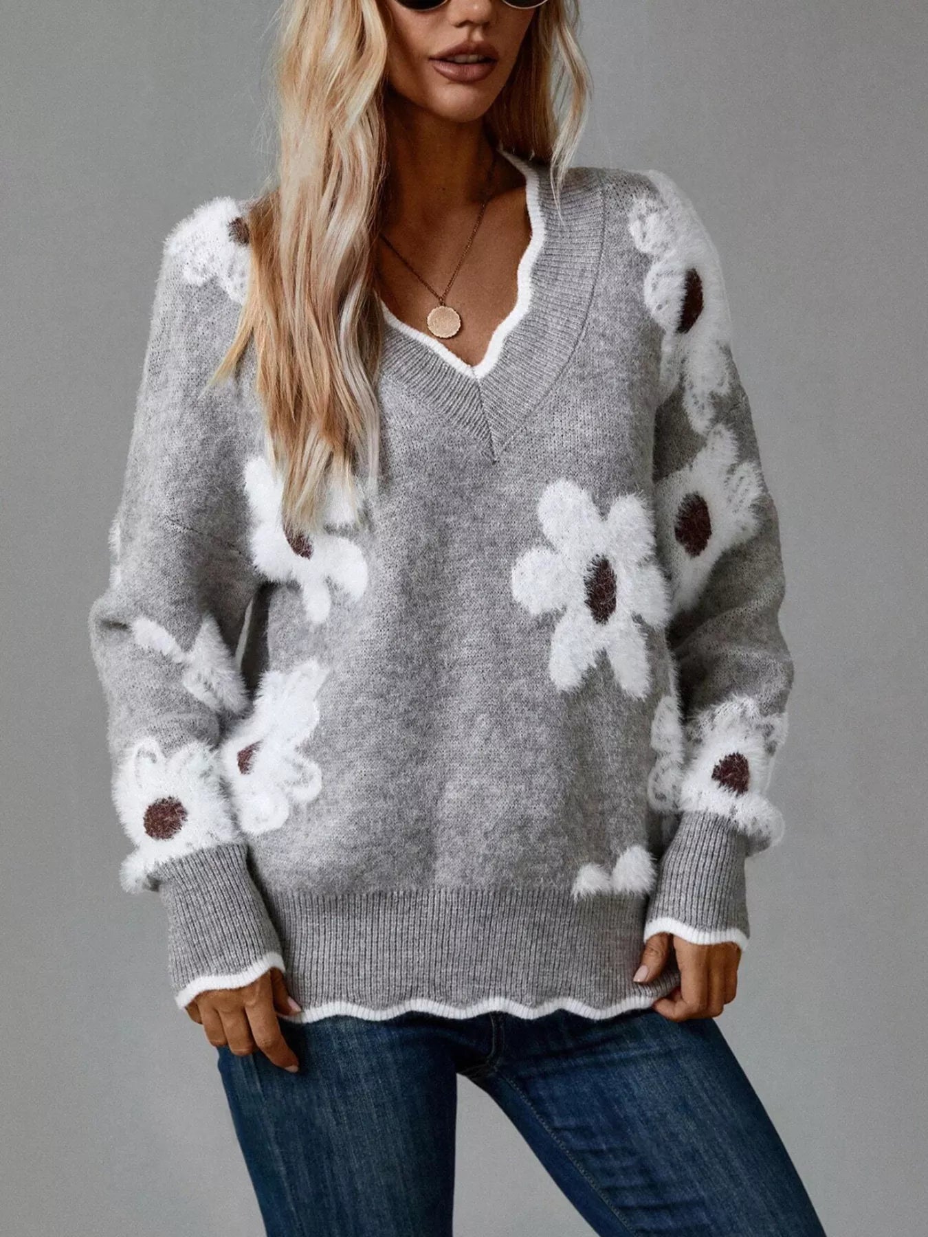 Floral V-Neck Long Sleeve Sweater 