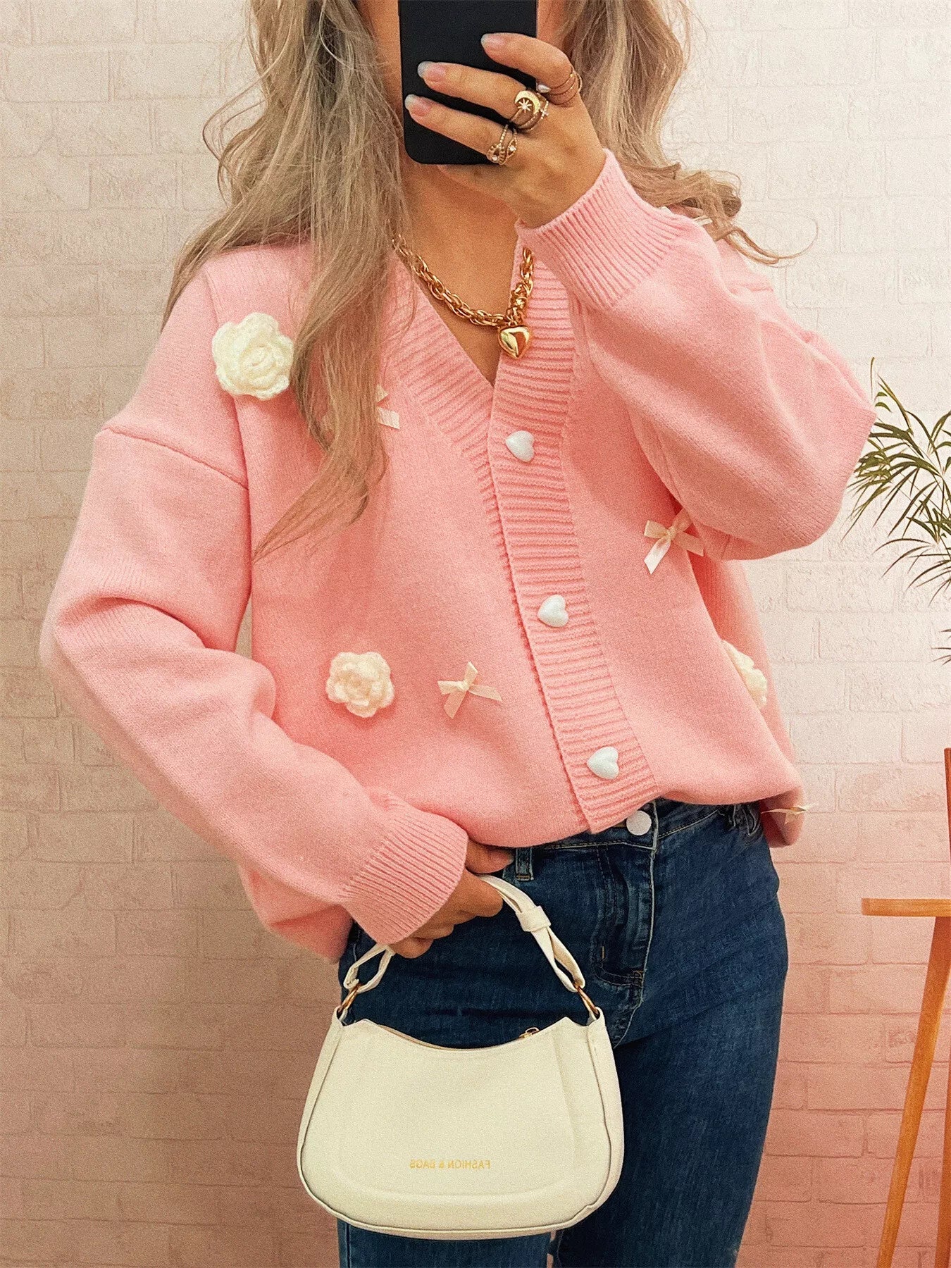 Flower Heart Button Long Sleeve Cardigan 