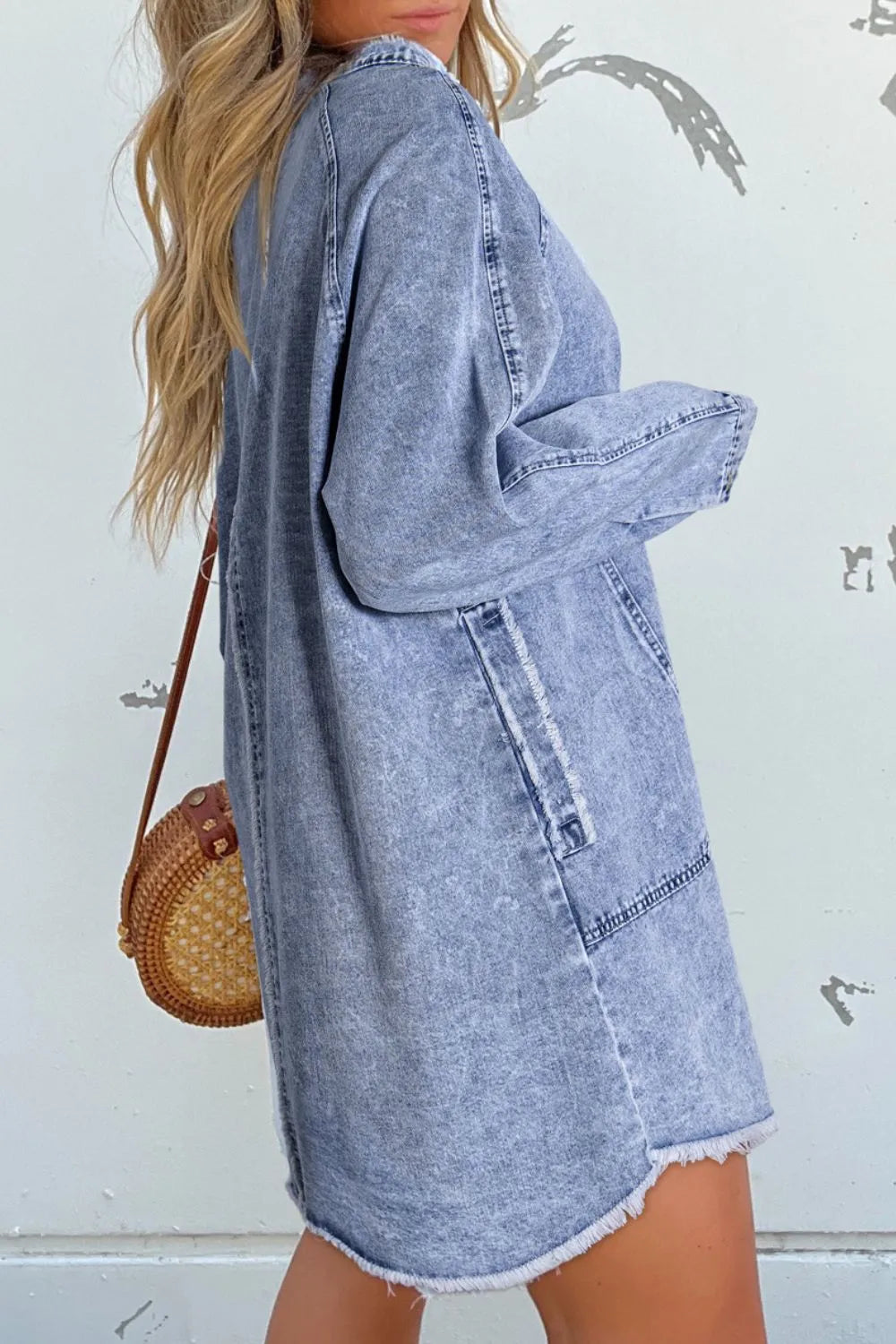 Raw Hem Button Down Long Sleeve Denim Dress 