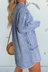 Raw Hem Button Down Long Sleeve Denim Dress 