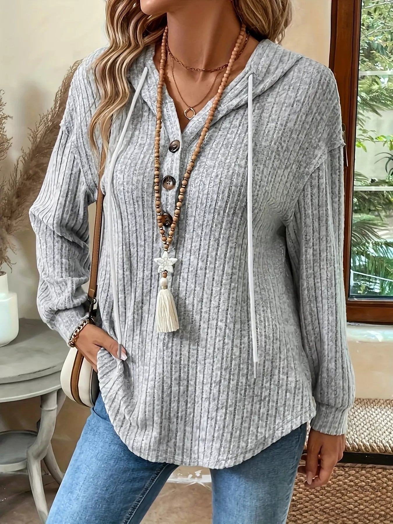 Casual Ribbed Button Detail Hoodie 