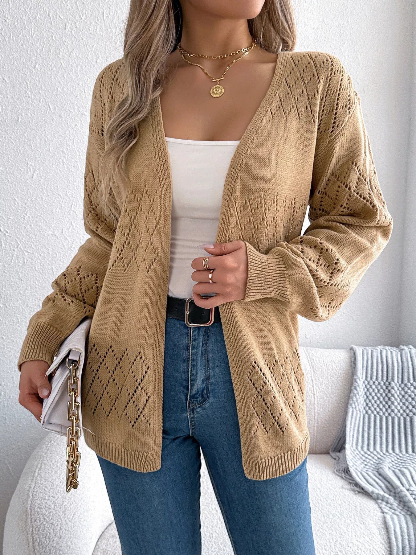 Openwork Open Front Long Sleeve Cardigan 