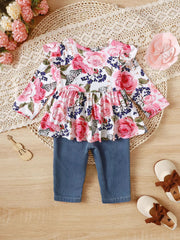 Children's Floral Ruffle Trim Top & Distressed Jeans Set 