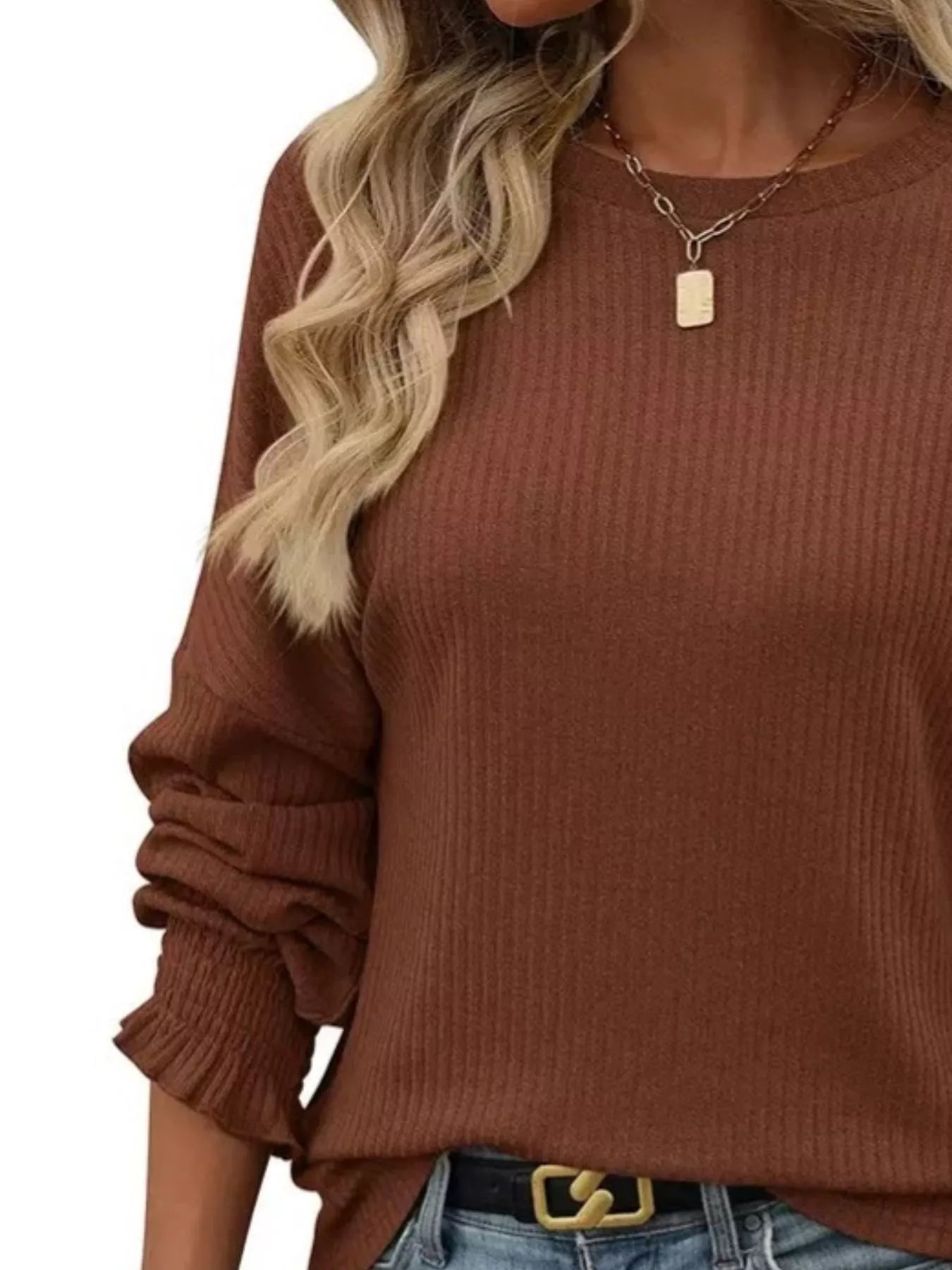 Ribbed Knit Long Sleeve T-Shirt 