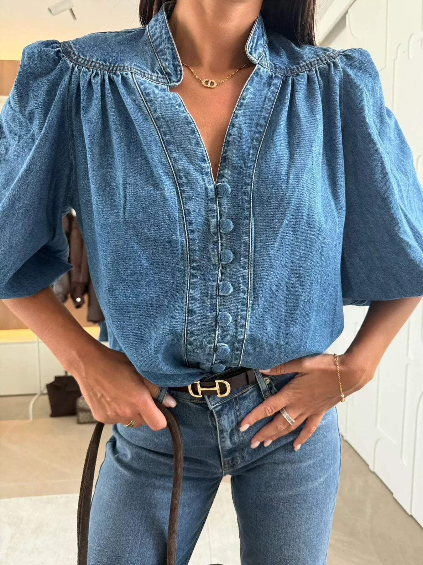 Button-Down Puff Sleeve Denim Top 