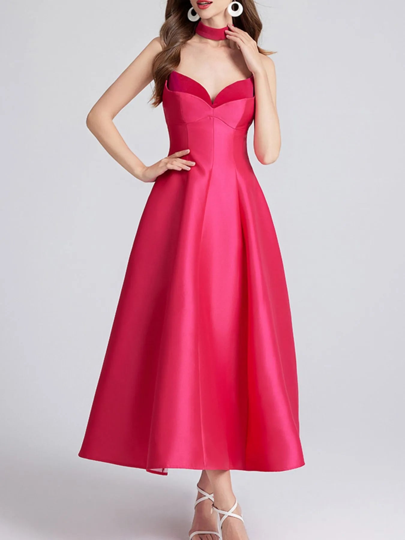 Sweetheart Spaghetti Strap Midi Dress with Collar 