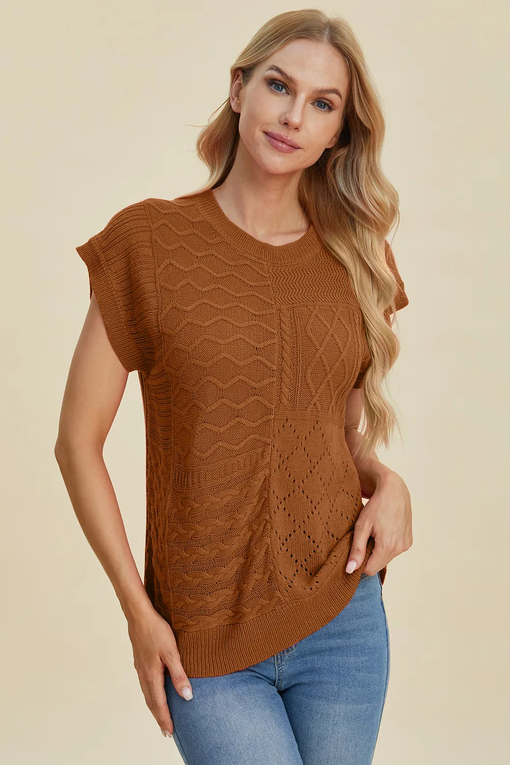 Double Take Full Size Cable-Knit Round Neck Cap Sleeve Sweater 