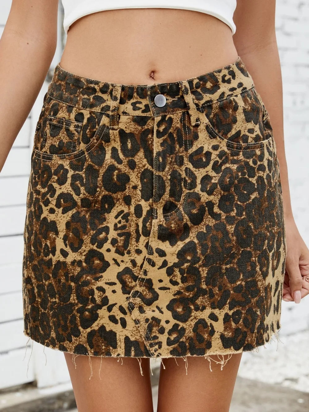 Raw Hem Leopard Denim Skirt 