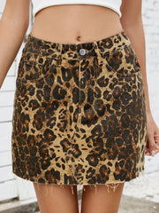 Raw Hem Leopard Denim Skirt 