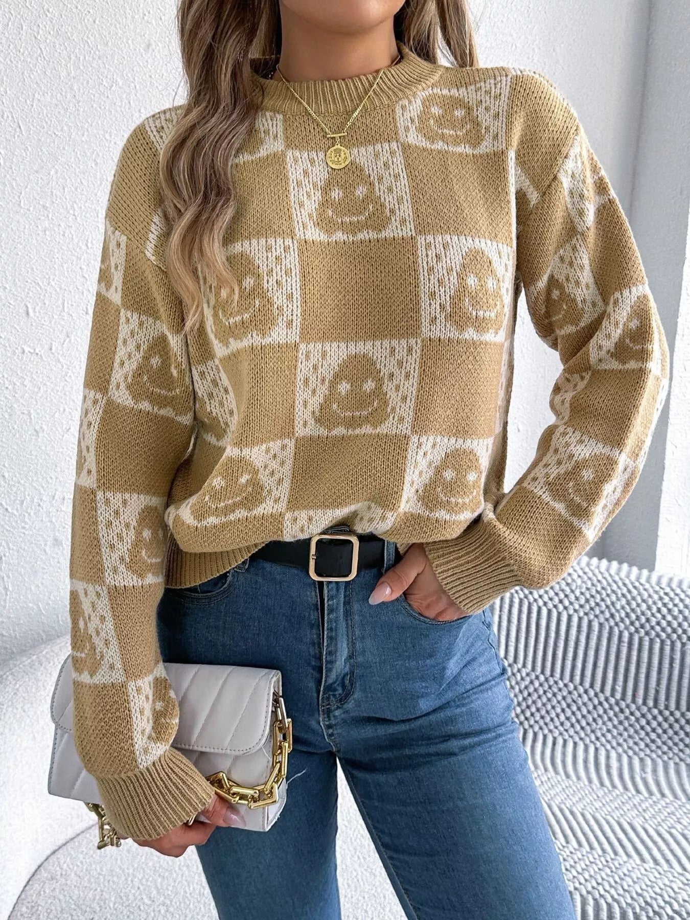 Halloween Ghost Pattern Checkered Round Neck Sweater 