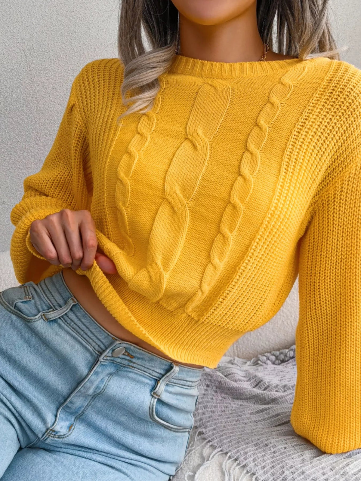 Cable Knit Round Neck Cropped Sweater 