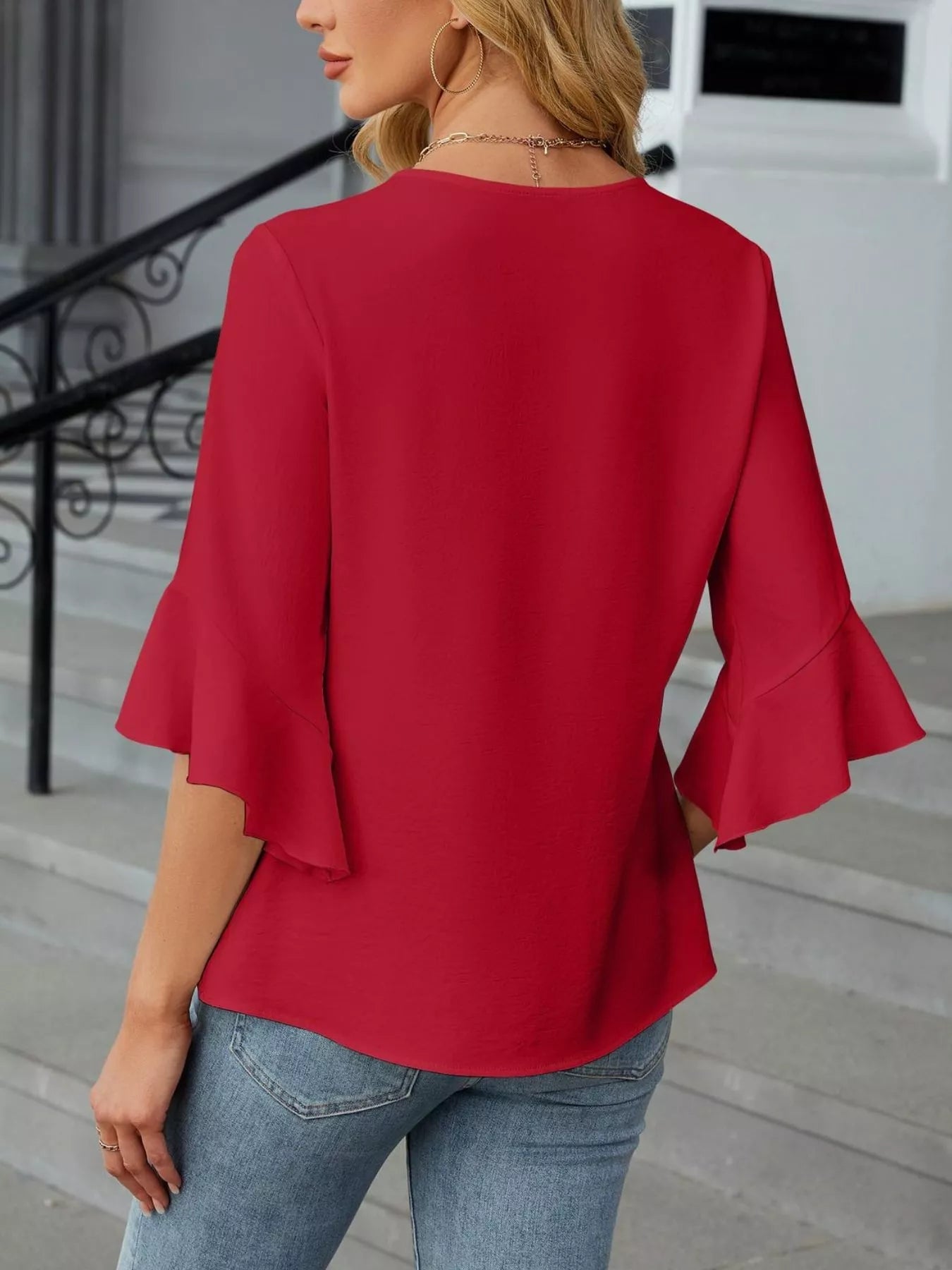 V-Neck Ruffle Sleeve Blouse 