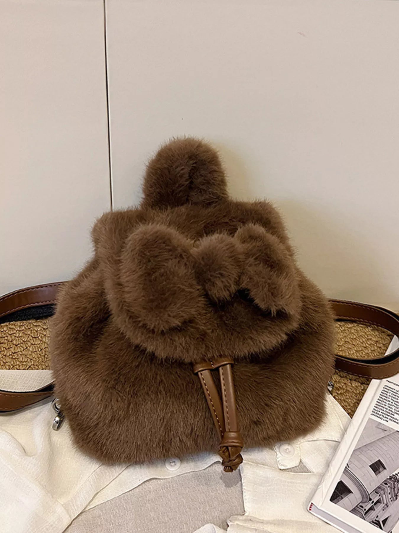 Fuzzy Plush Drawstring Backpack Bag 