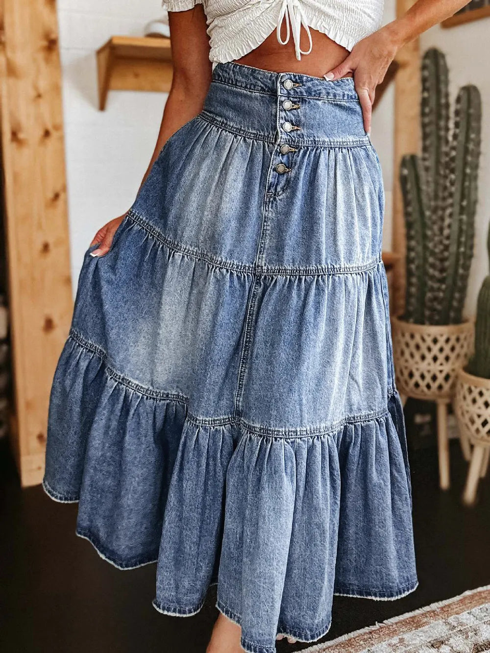 Tiered Button-Fly Denim Skirt 