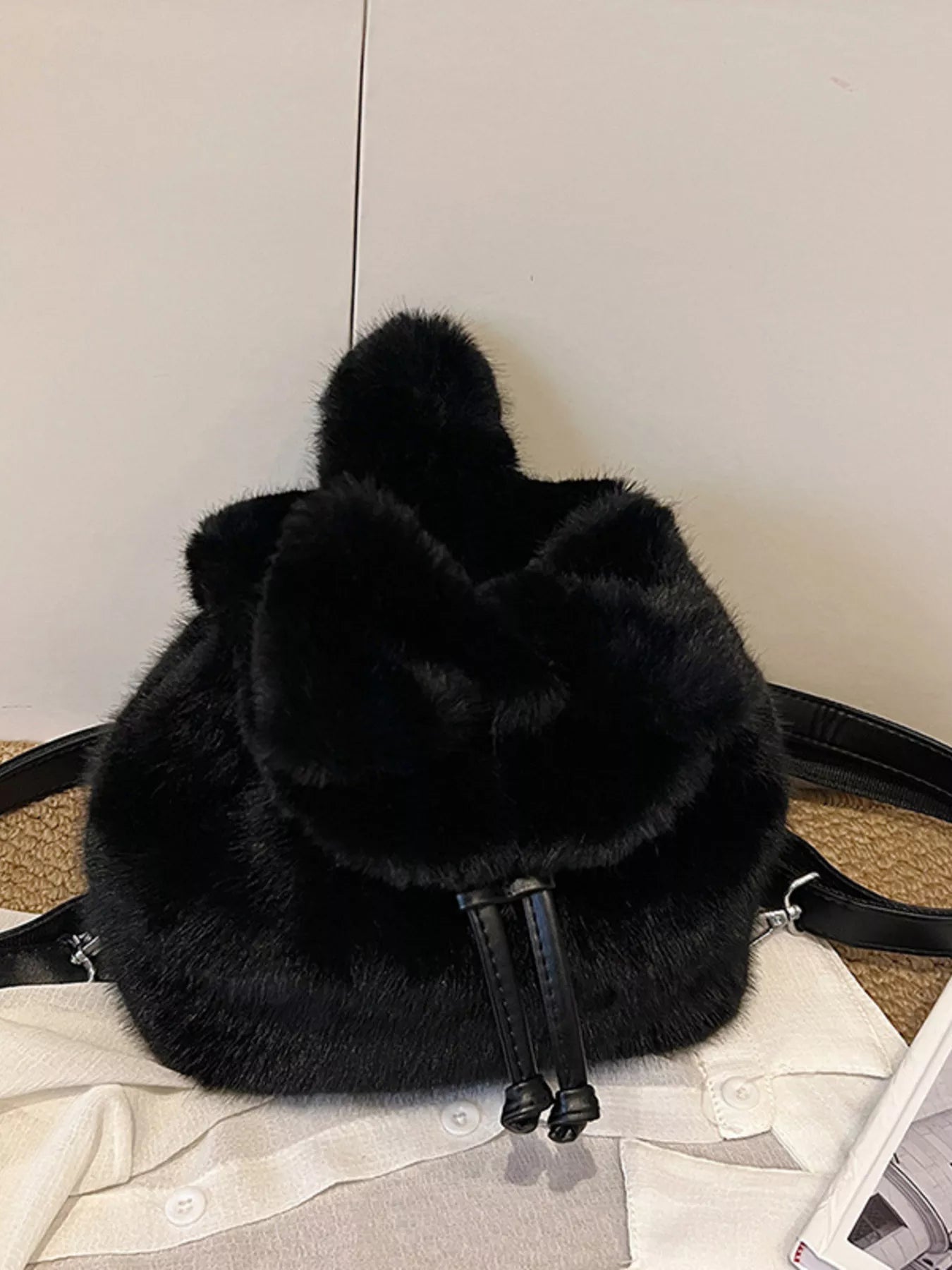 Fuzzy Plush Drawstring Backpack Bag 