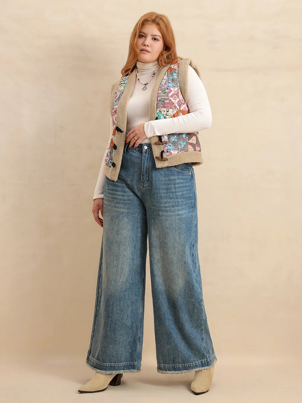 Plus Size Printed Sherpa Vest Coat 