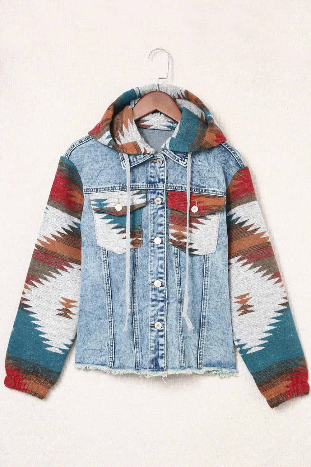 Drawstring Hooded Pocketed Denim Jacket 