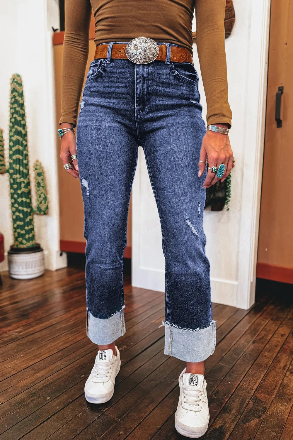 Folded Cuffs Distressed Straight High Waist Jeans 