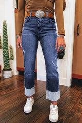 Folded Cuffs Distressed Straight High Waist Jeans 