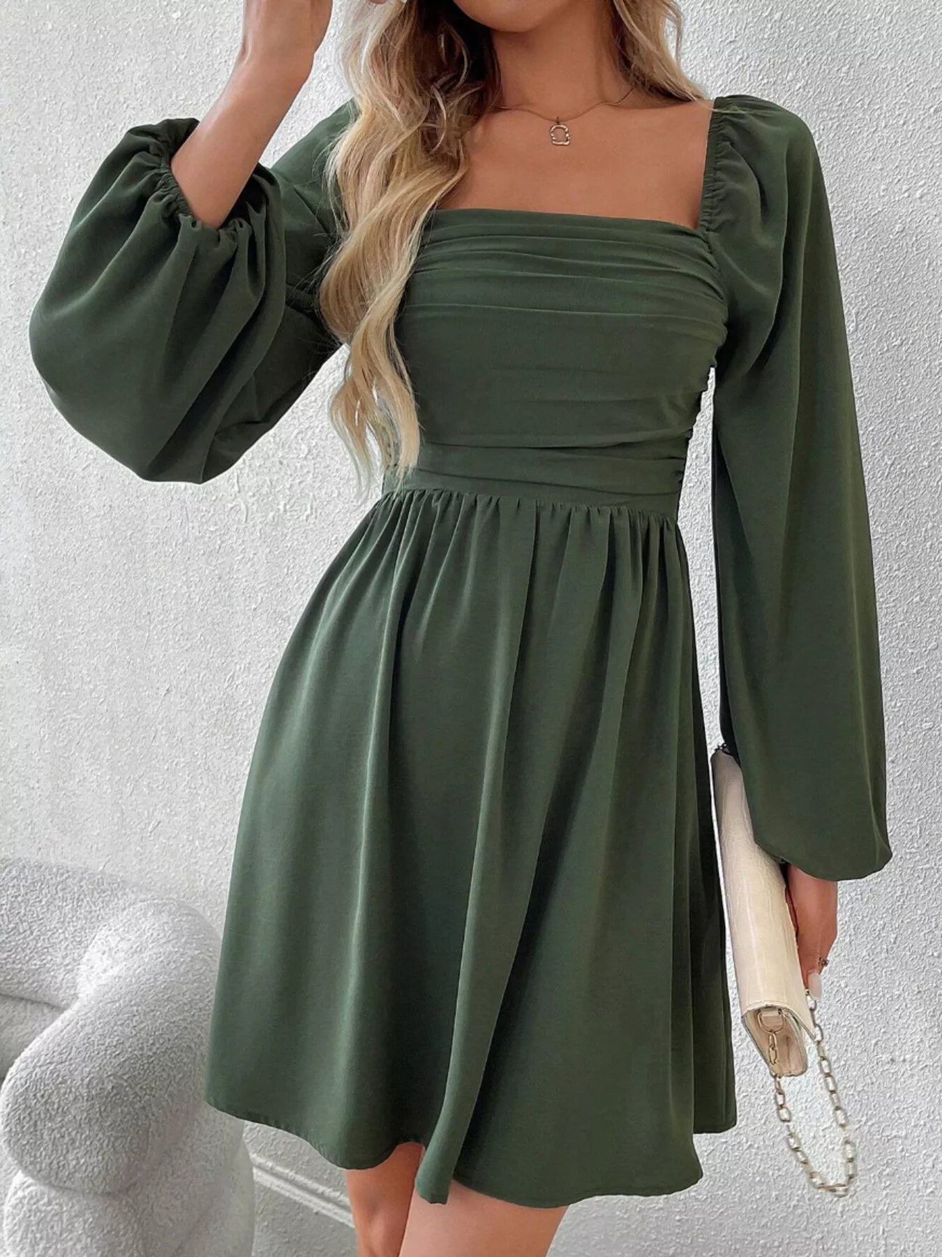 Ruched Square Neck Long Sleeve A-Line Dress 