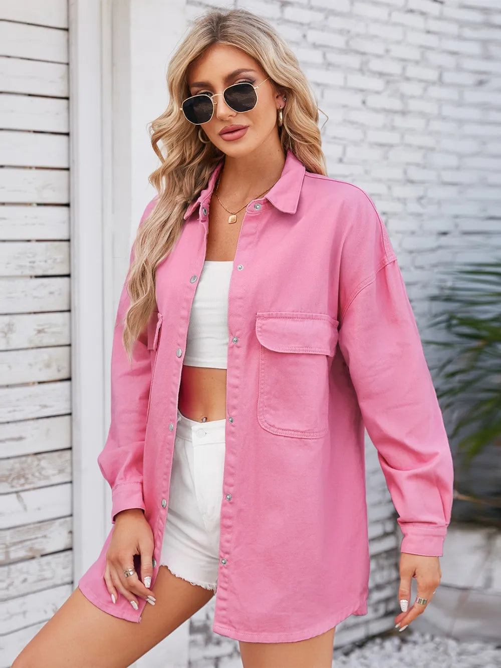Pocketed Snap Down Dropped Shoulder Denim Shacket 