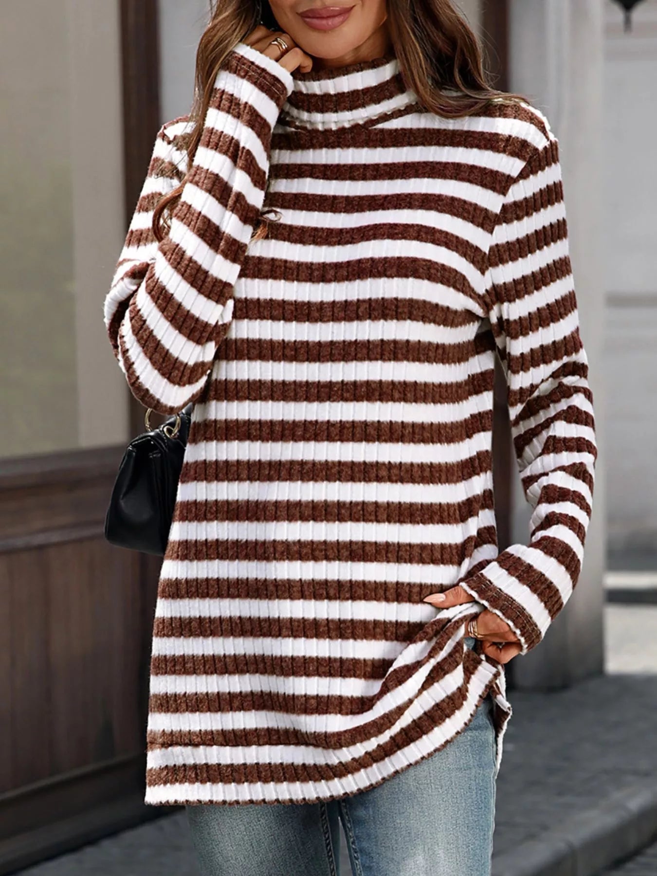 Striped Turtleneck Long Sleeve Knit Top 
