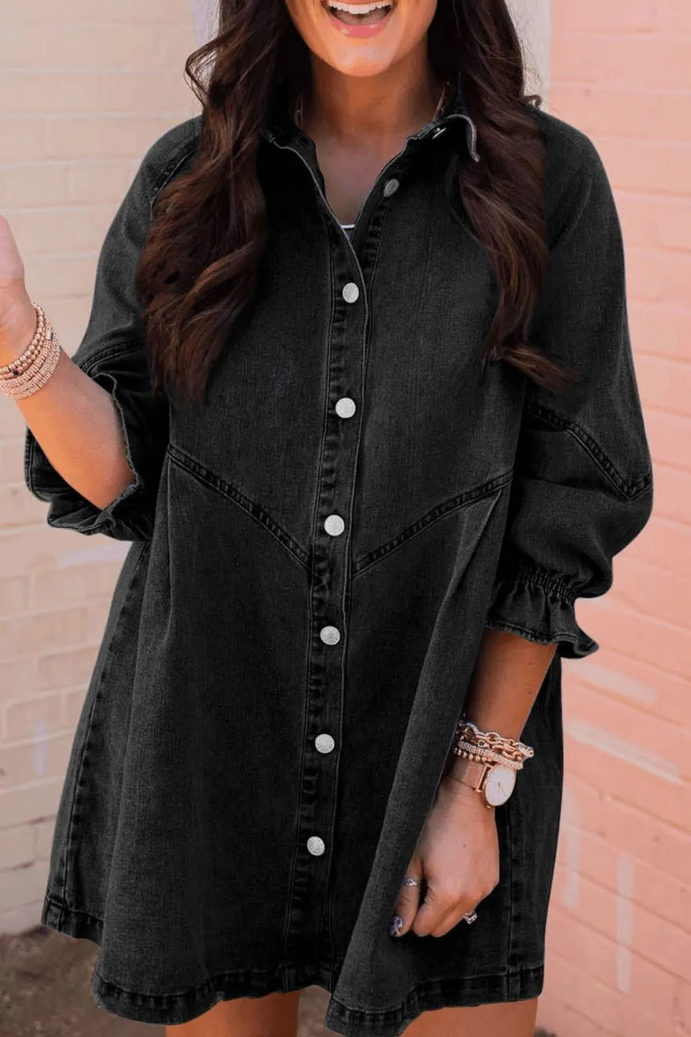 Distressed Collared Neck Flounce Sleeve Denim Dress 