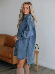 Button Up Collared Neck Long Sleeve Denim Dress 