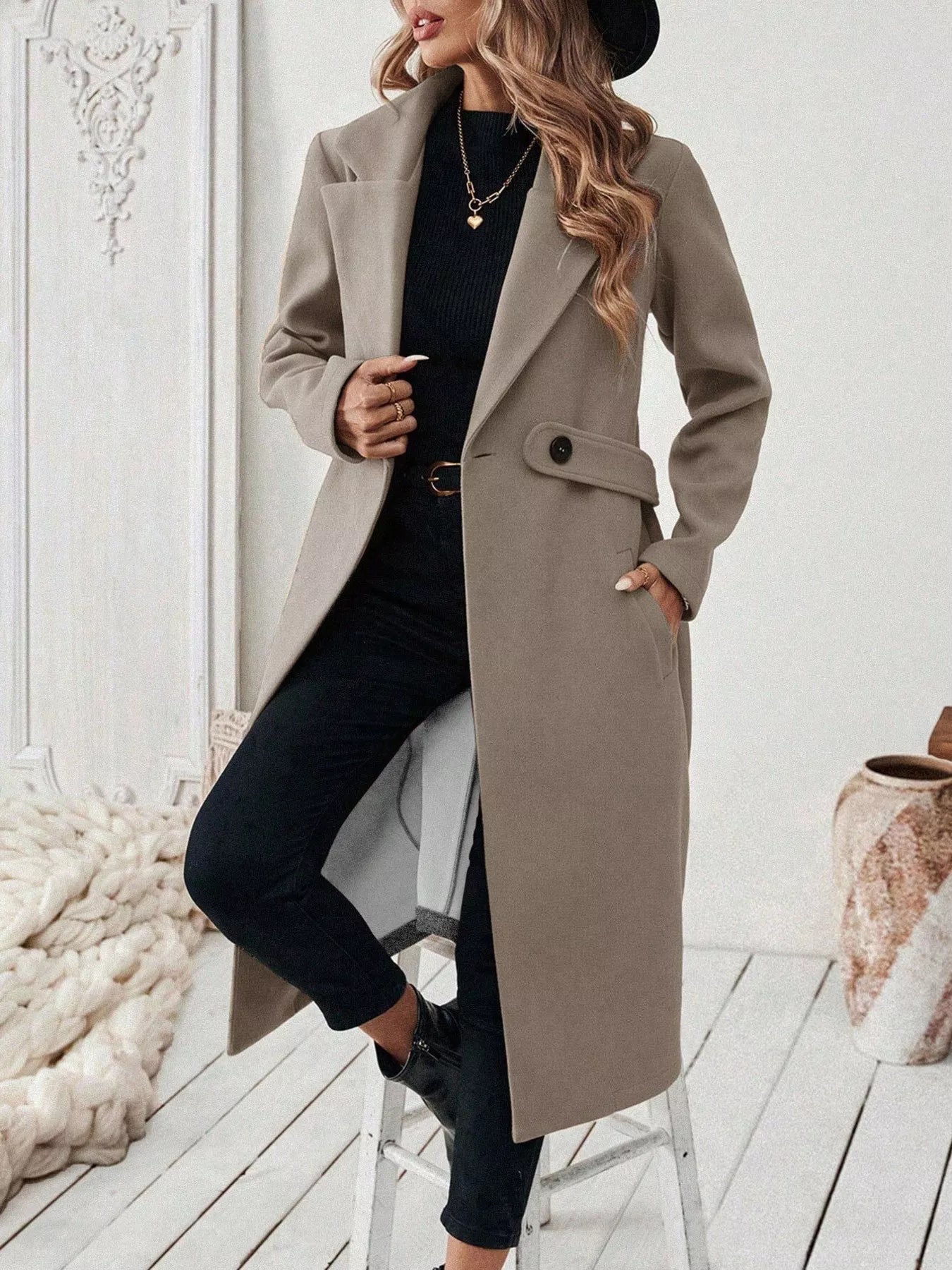 One Button Wool Blend Overcoat 