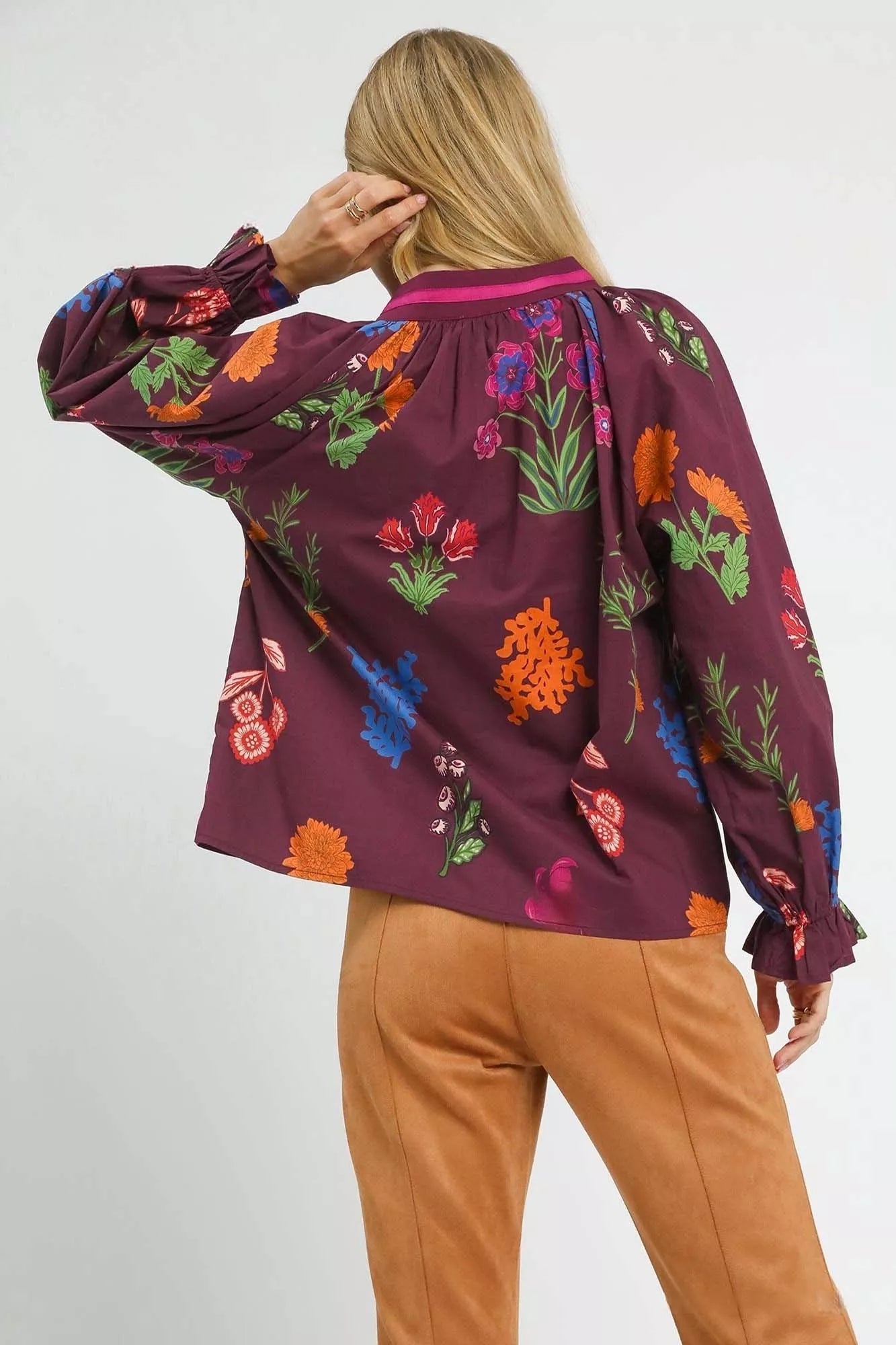 Umgee Floral Print Flounce Sleeve Blouse 