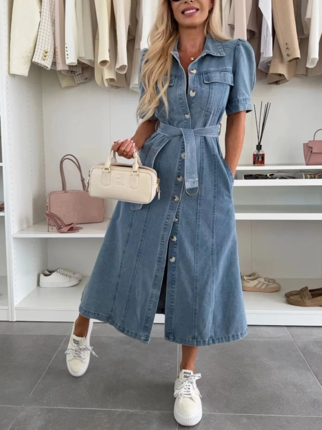 Puff Sleeve Button Down Belted Denim Midi Dress 