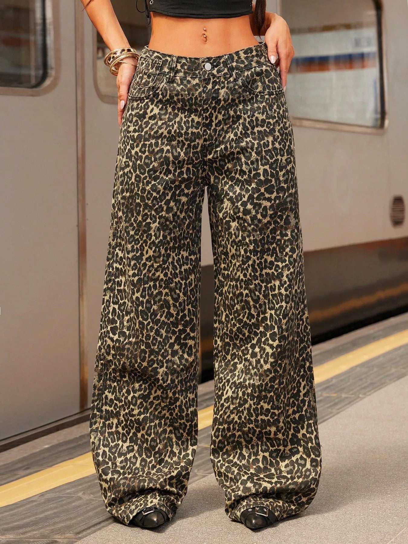 Leopard Print Wide Leg Jeans 