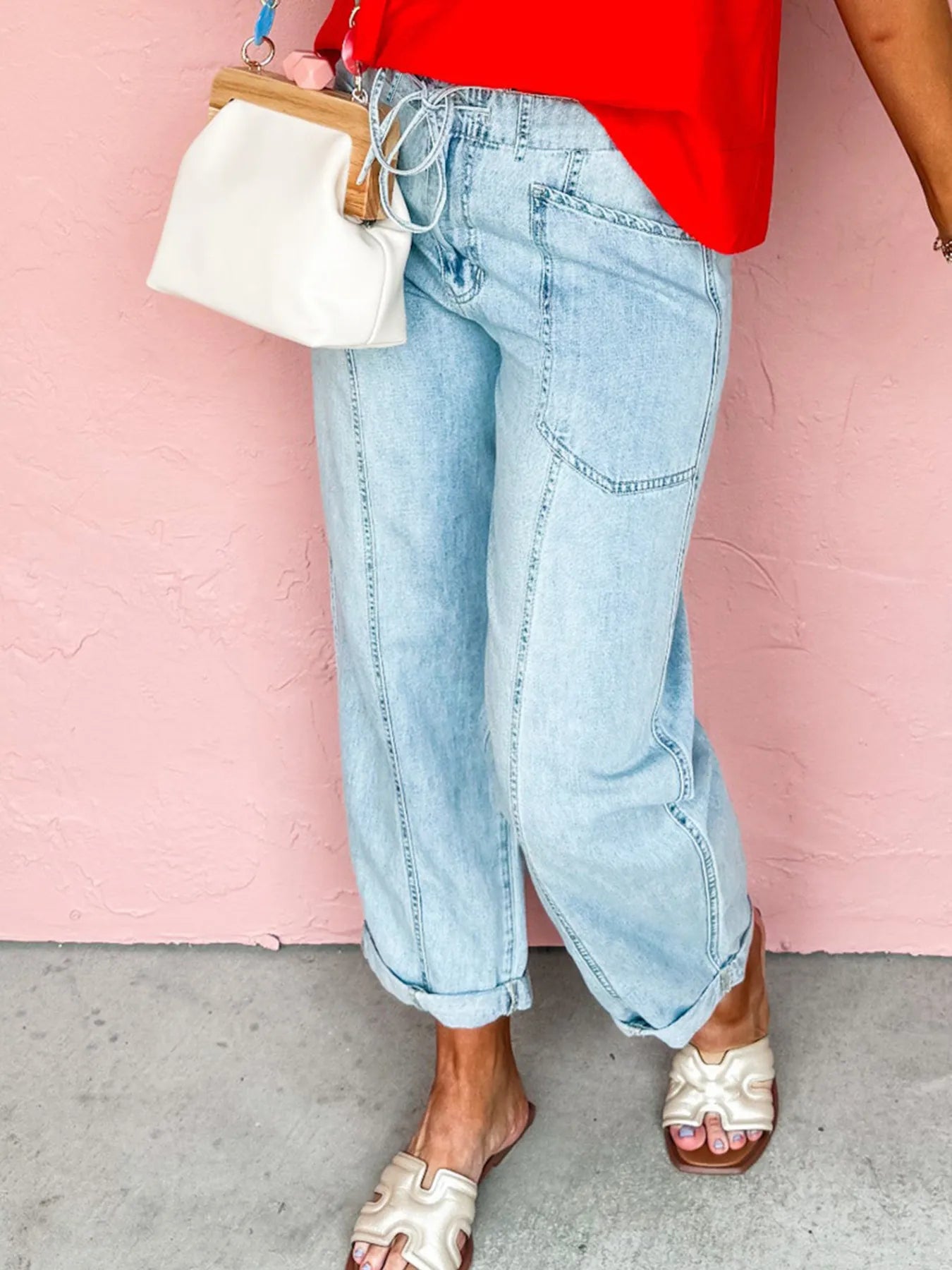 Drawstring Washed Relaxed Fit Boyfriend Jeans 