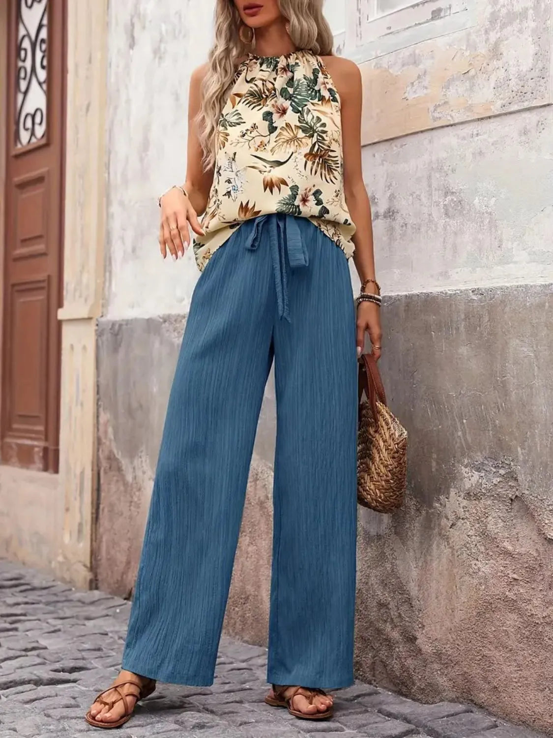 Printed Tank Top and Wide Leg Pants Set 