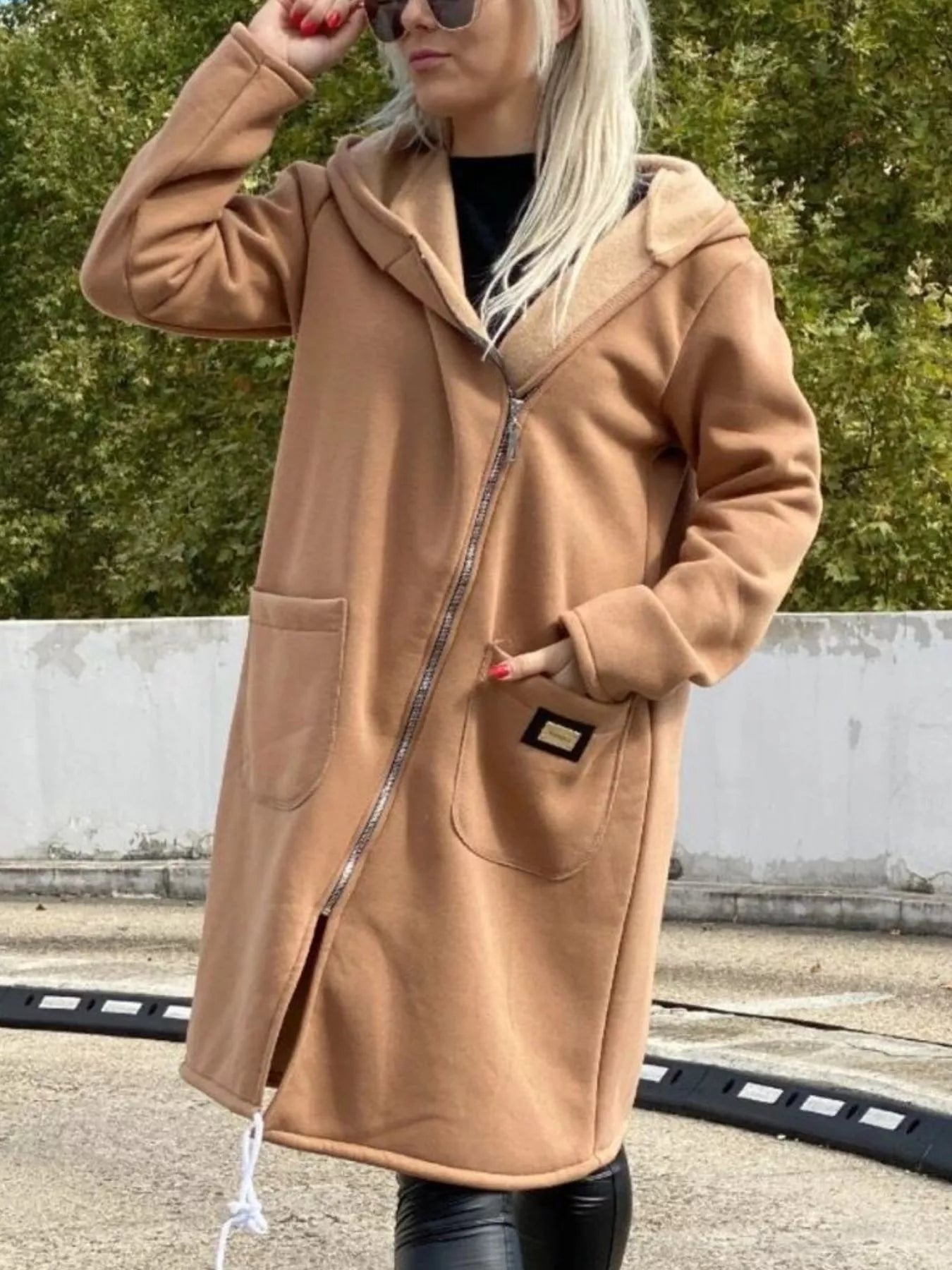 Full Size Asymmetrical Zip-Up Hooded Fleece Outerwear Plus Size 
