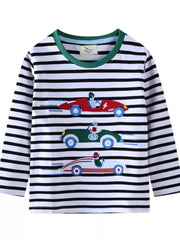 Children's Racing Car Embroidered Striped Long Sleeve T-Shirt 