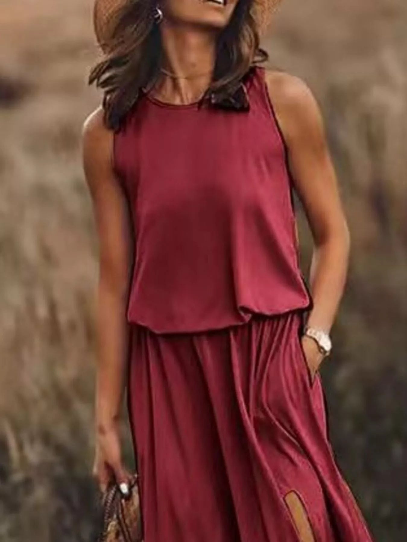 Full Size Round Neck Sleeveless Slit Maxi Dress Plus Size 