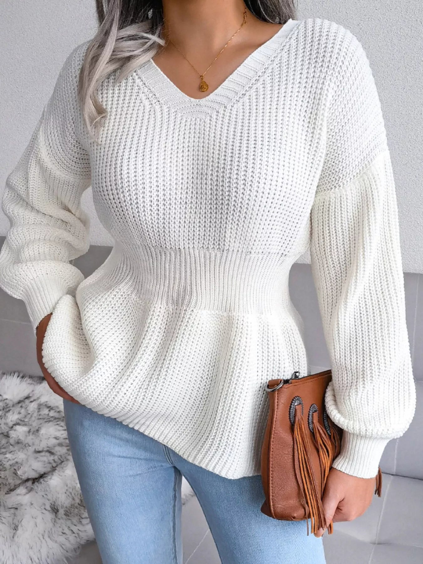 V-Neck Dropped Shoulder Sweater 