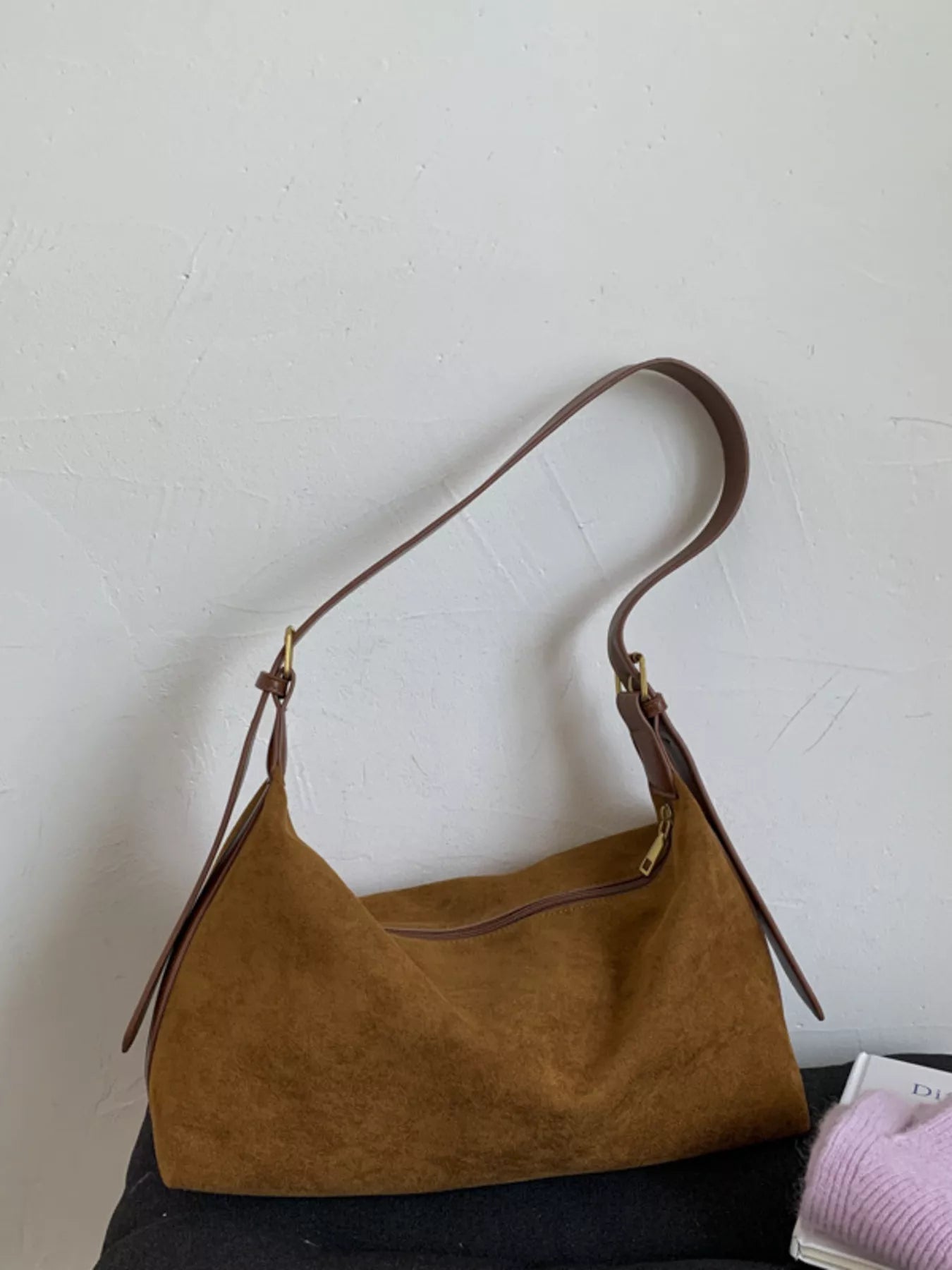 Solid Color Suede Hobo Crossbody Bag 