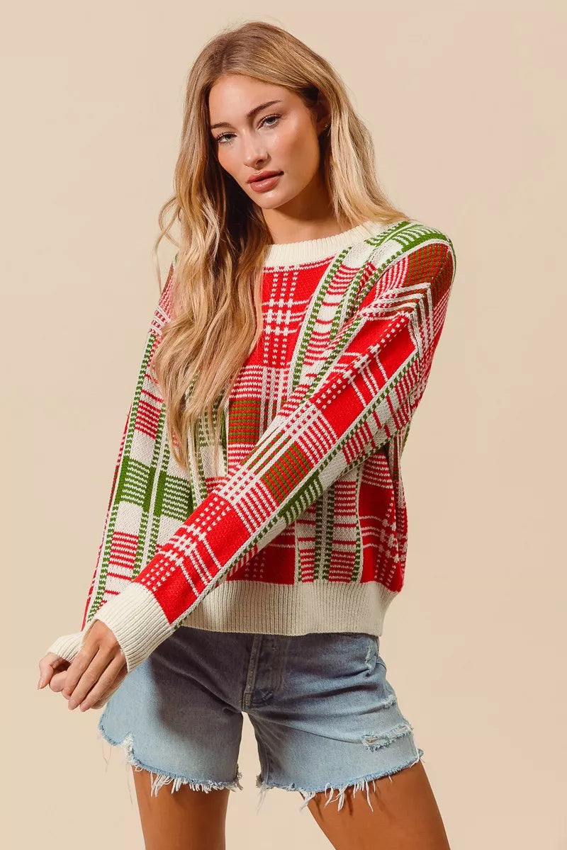 SO ME Christmas Color Checkered Plaid Crew Neck Sweater 