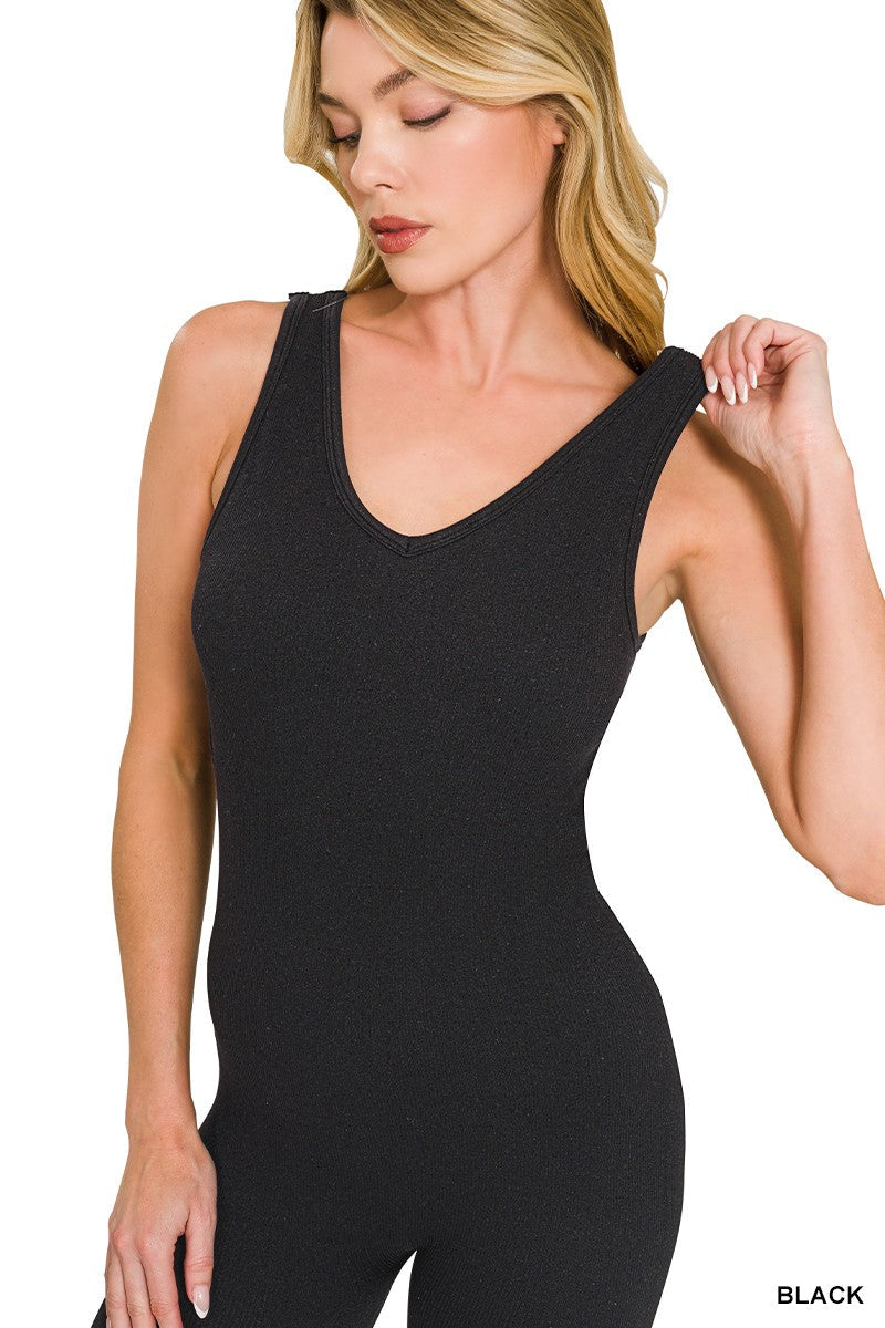 Zenana Ribbed Bra Padded Sports Seamless Bodysuit 