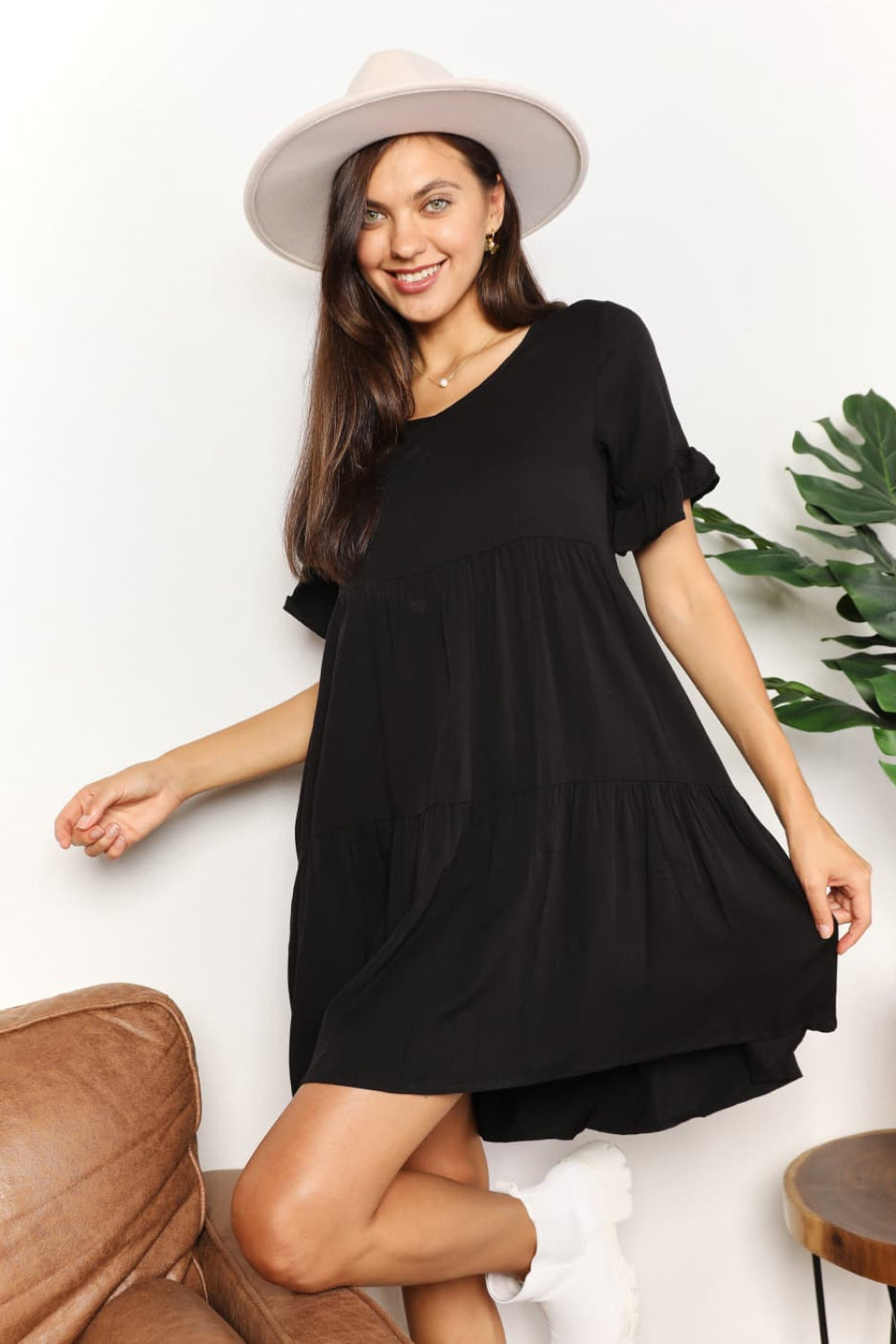 Mandy V-Neck Flounce Sleeve Tiered Dress 