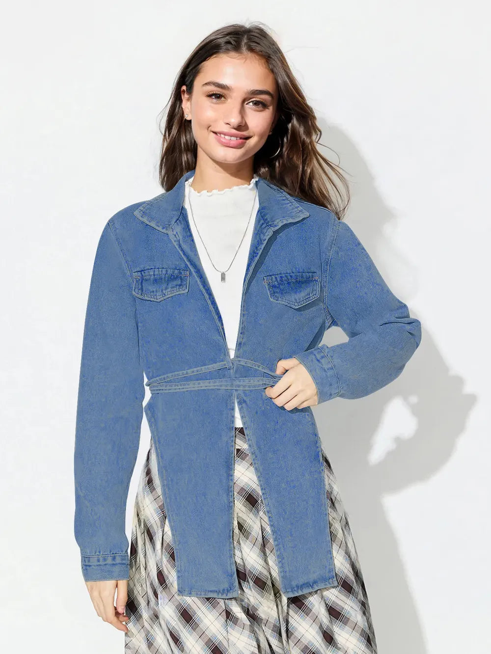 Asymmetric Slit Collared Neck Long Denim Top 