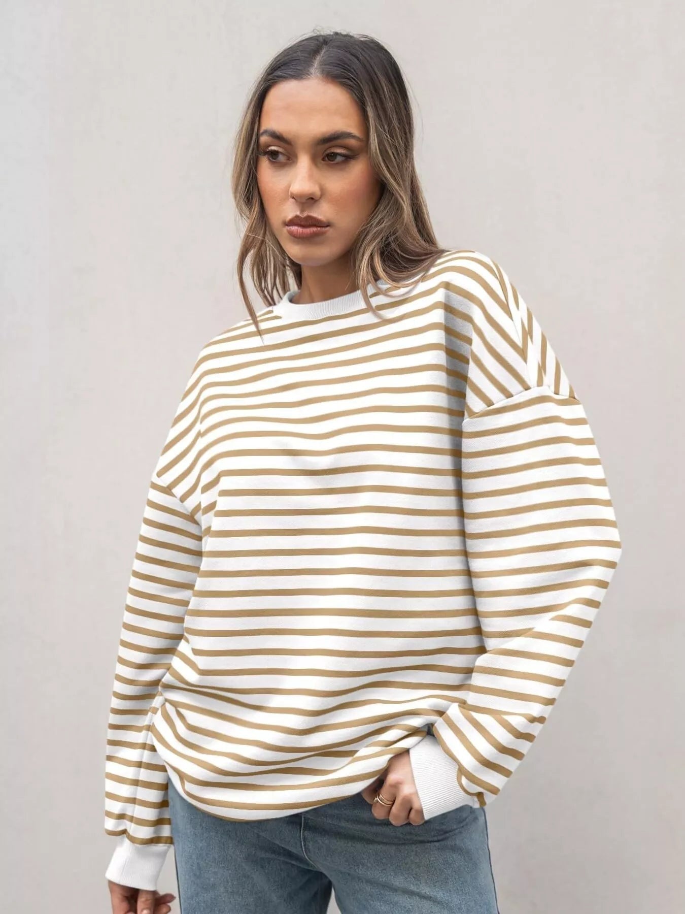 Striped Round Neck Oversized Casual Sweatshirt 