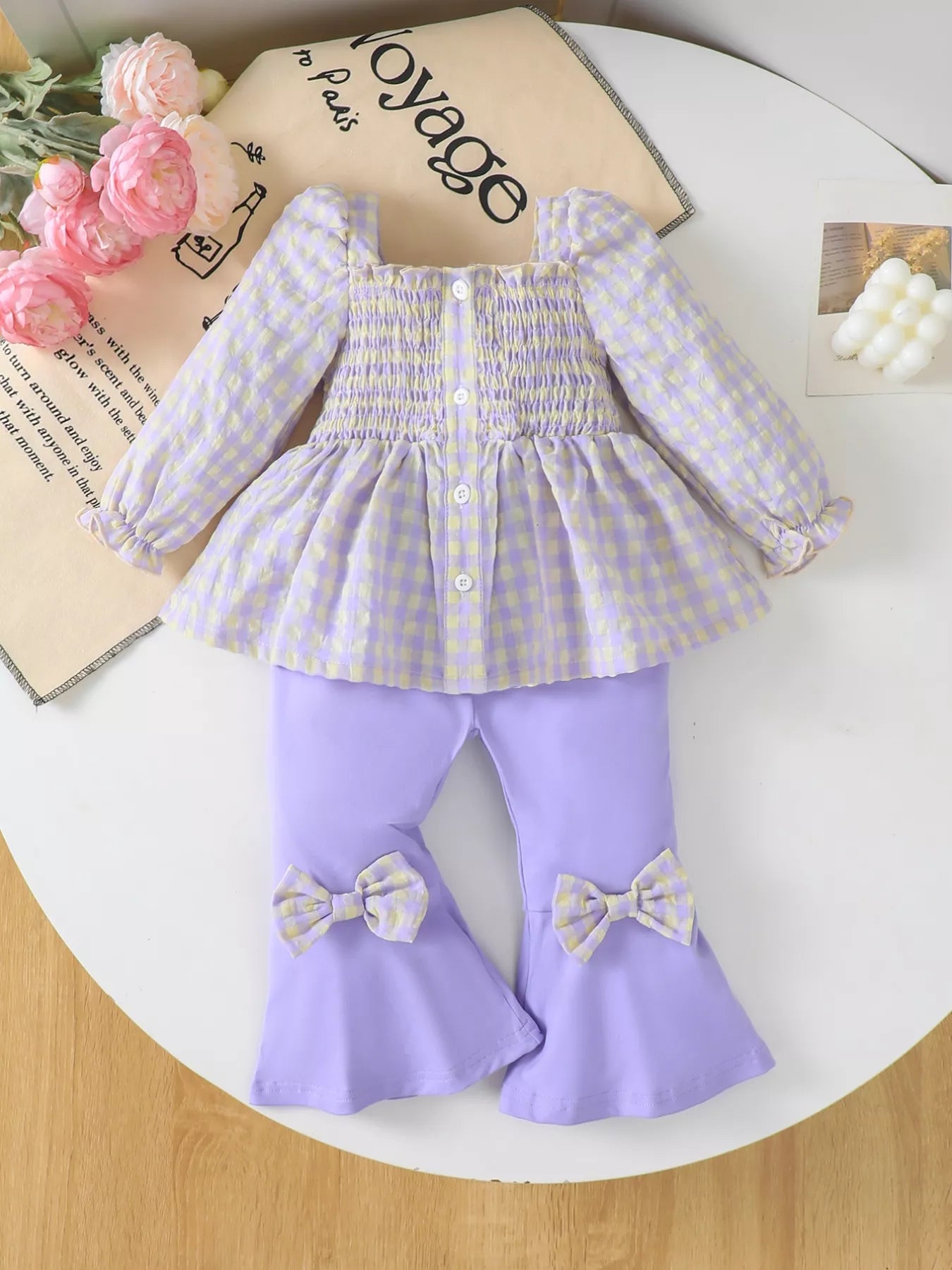 Children's Gingham Smocked Top and Bow Pants Set 