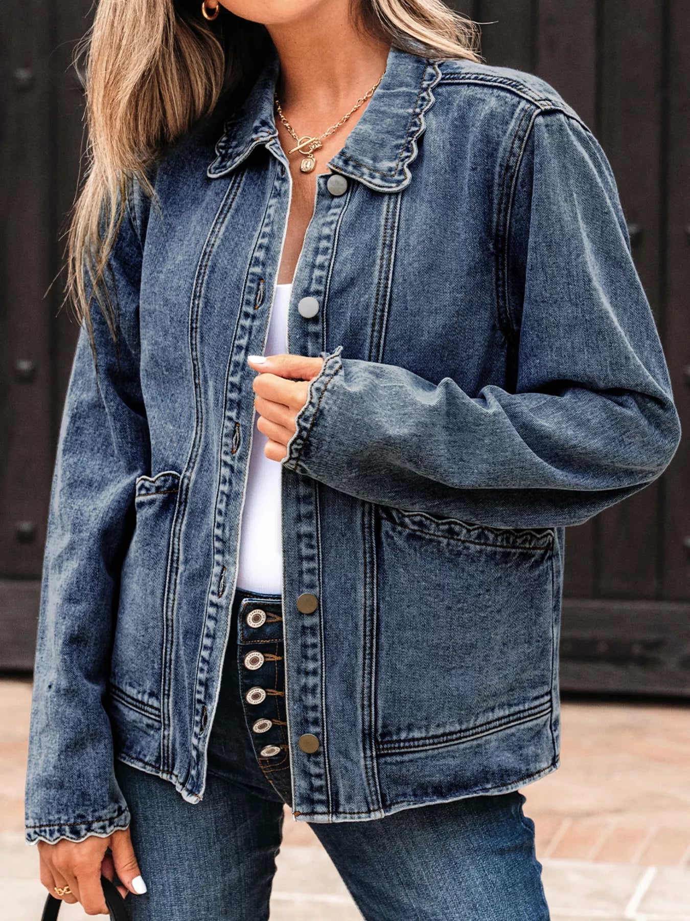 Scallop Trim Collar Patched Pocket Button Up Denim Jacket 