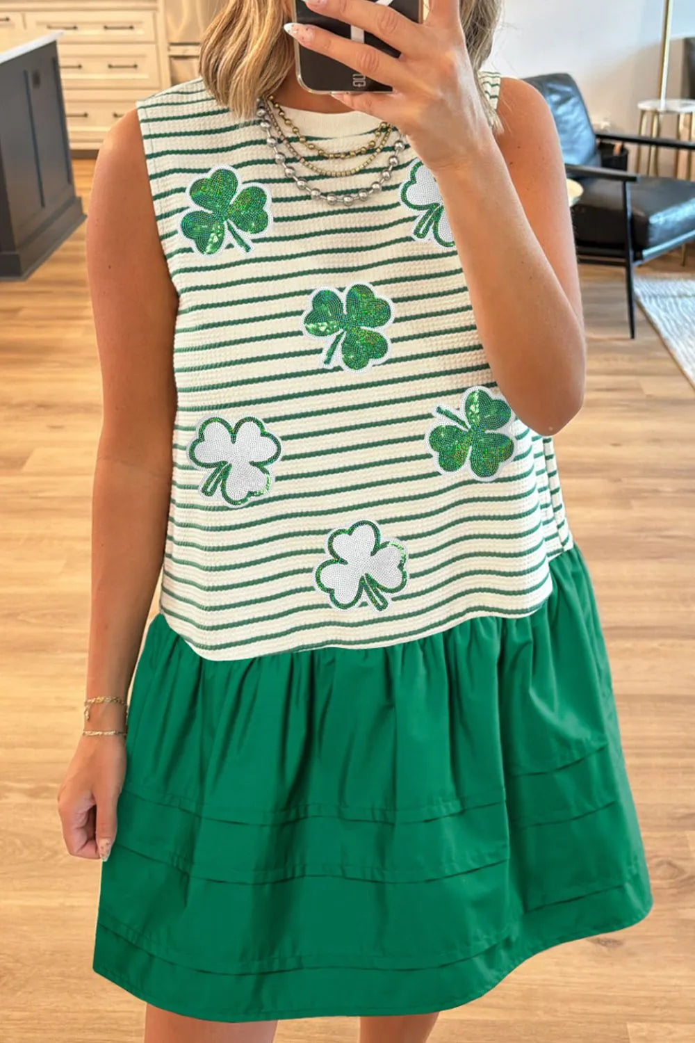 Stripe Sequin Clover Patched Contrast Mini Dress with Pockets 